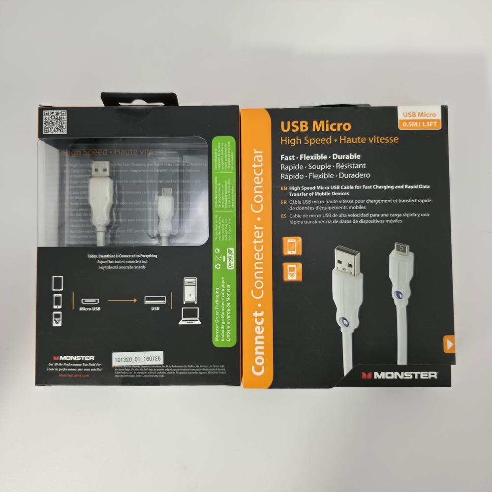 3 Packs Monster Micro USB Cable 0.5m 1.5ft White New High Speed Fast Charging